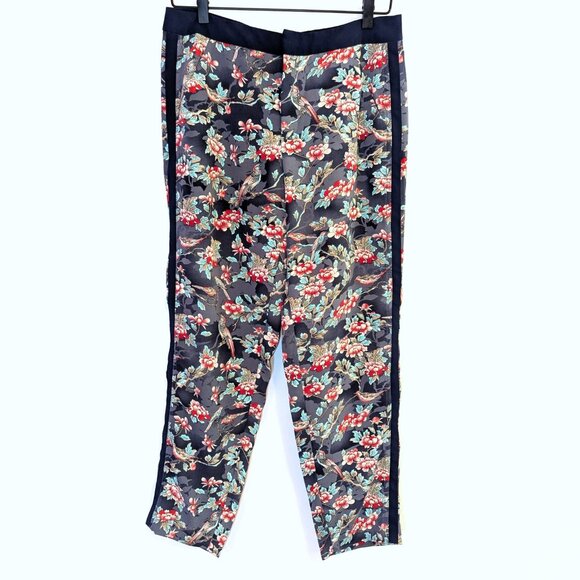Elevenses | Anthropologie Floral Bird Tapered Tuxedo Ankle Trouser Pants | 6 - Picture 2 of 14